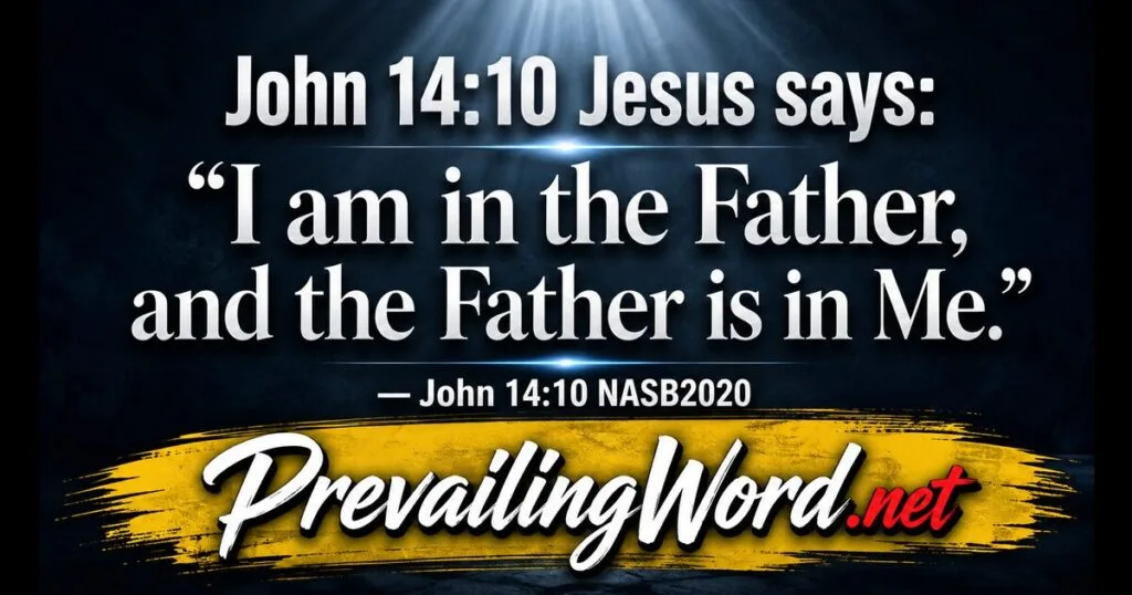 Light breaking through a dark blue background with the words: John 14:10 Jesus says, I am in the Father, and the Father is in Me, PrevailingWord.net
