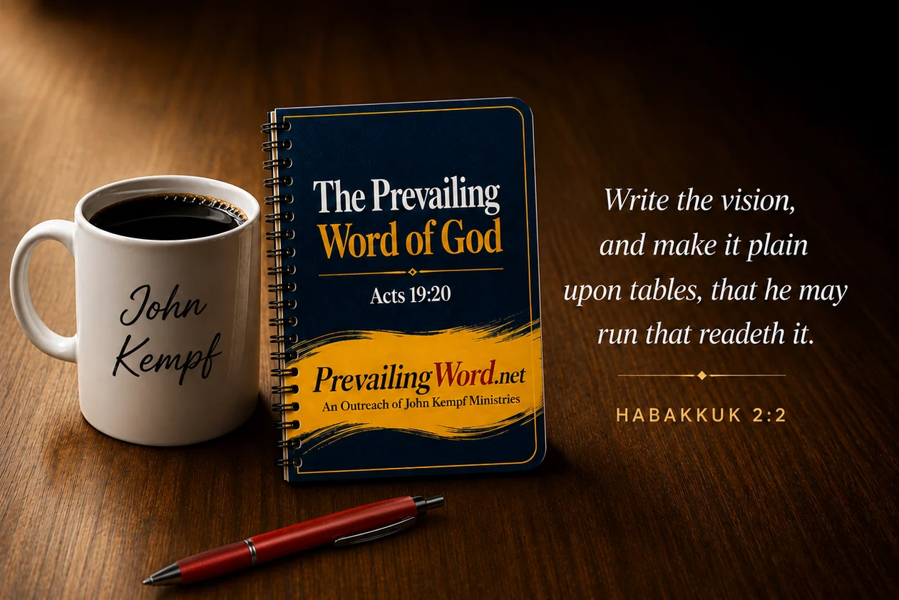 The Prevailing Word of God notebook standing beside a coffee mug with a pen resting on the desk, with the words: Write the vision, and make it plain upon tables, that he may run that readeth it. Habakkuk 2:2
