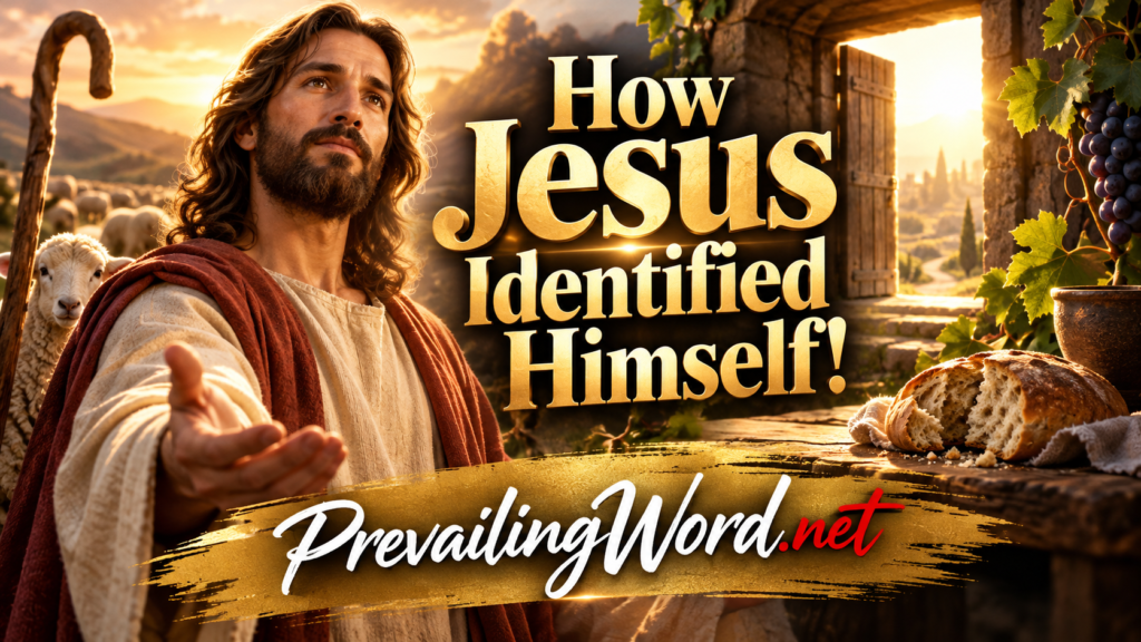 Jesus reaching out with a shepherd's crook and sheep behind Him, an open door, a fruiting vine and broken bread around Him, picturing the I am statements of John