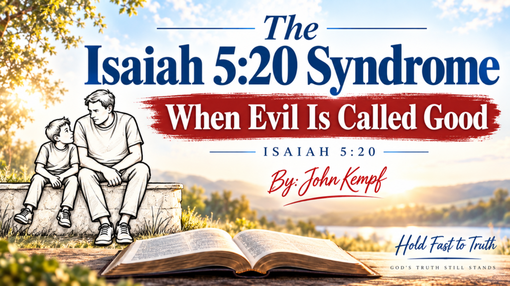 Father and son on a bench with an open Bible, banner reading The Isaiah 5:20 Syndrome, When Evil Is Called Good.