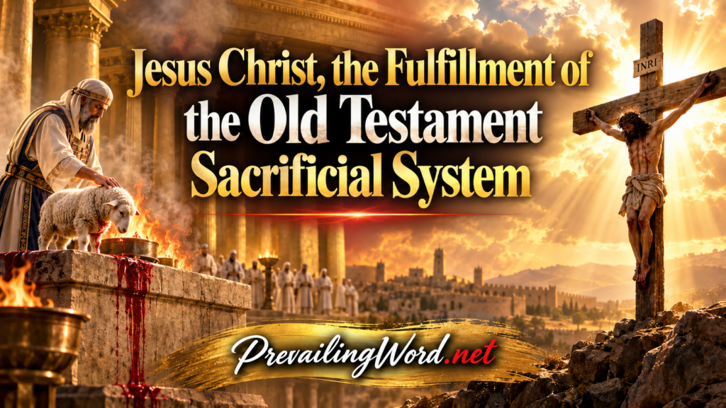 An Old Testament priest offering a lamb on the altar beside Jesus Christ crucified, illustrating that the sacrificial system pointed forward to Him
