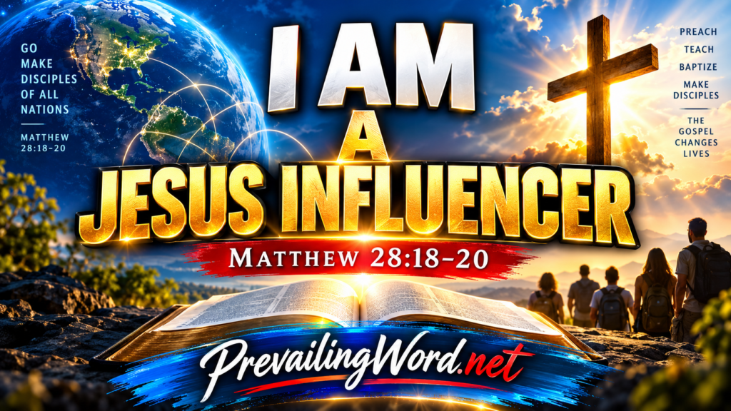 Banner reading I Am a Jesus Influencer, with a globe, a cross on a hill, and an open Bible, citing Matthew 28:18-20.