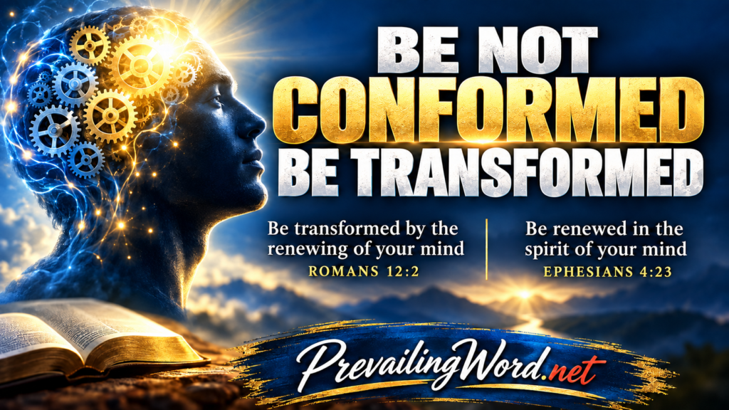 Banner reading Be Not Conformed, Be Transformed, with a profile of a head filled with light and gears above an open Bible, quoting Romans 12:2 and Ephesians 4:23.