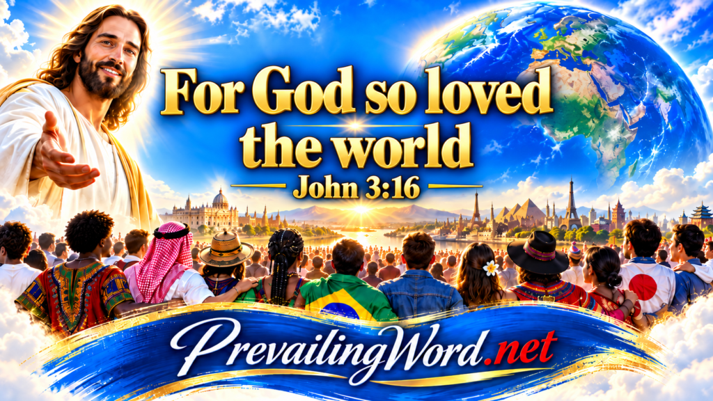 For God so loved the world, John 3:16, with people of many nations gathered before the globe and the risen Jesus Christ