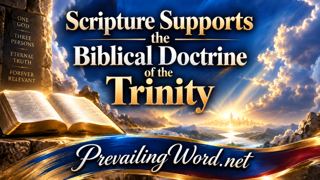 Scripture Supports the Biblical Doctrine of the Trinity, with an open Bible and a stone tablet reading One God, Three Persons, Eternal Truth, Forever Relevant