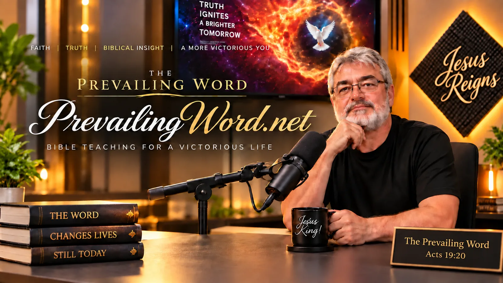 John Kempf in the Prevailing Word studio, with the site name PrevailingWord.net and the words Bible teaching for a victorious life.