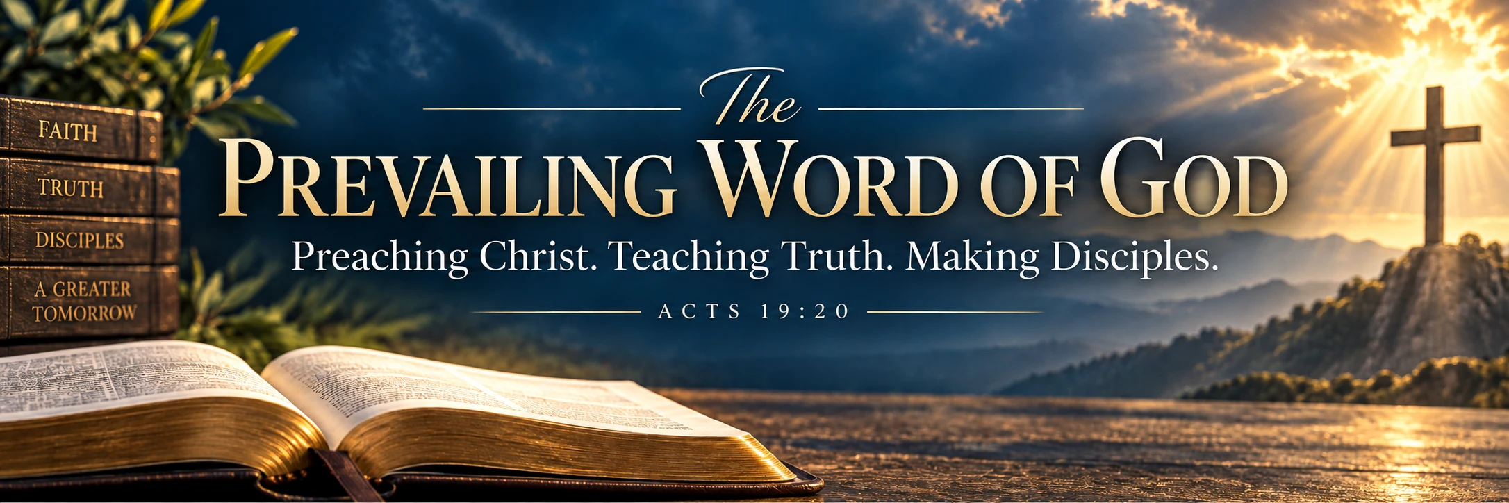 The Prevailing Word of God. Preaching Christ. Teaching Truth. Making Disciples. Acts 19:20. An open Bible before a hillside cross at sunrise.