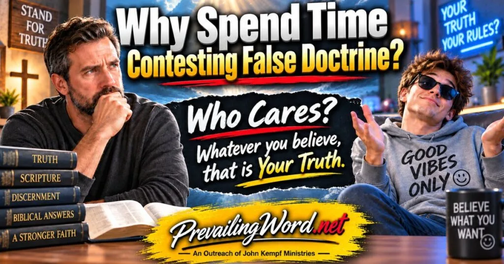 Why spend time contesting false doctrine? A man studies his Bible beside books on truth, Scripture, and discernment while another shrugs under the words Your Truth, Your Rules